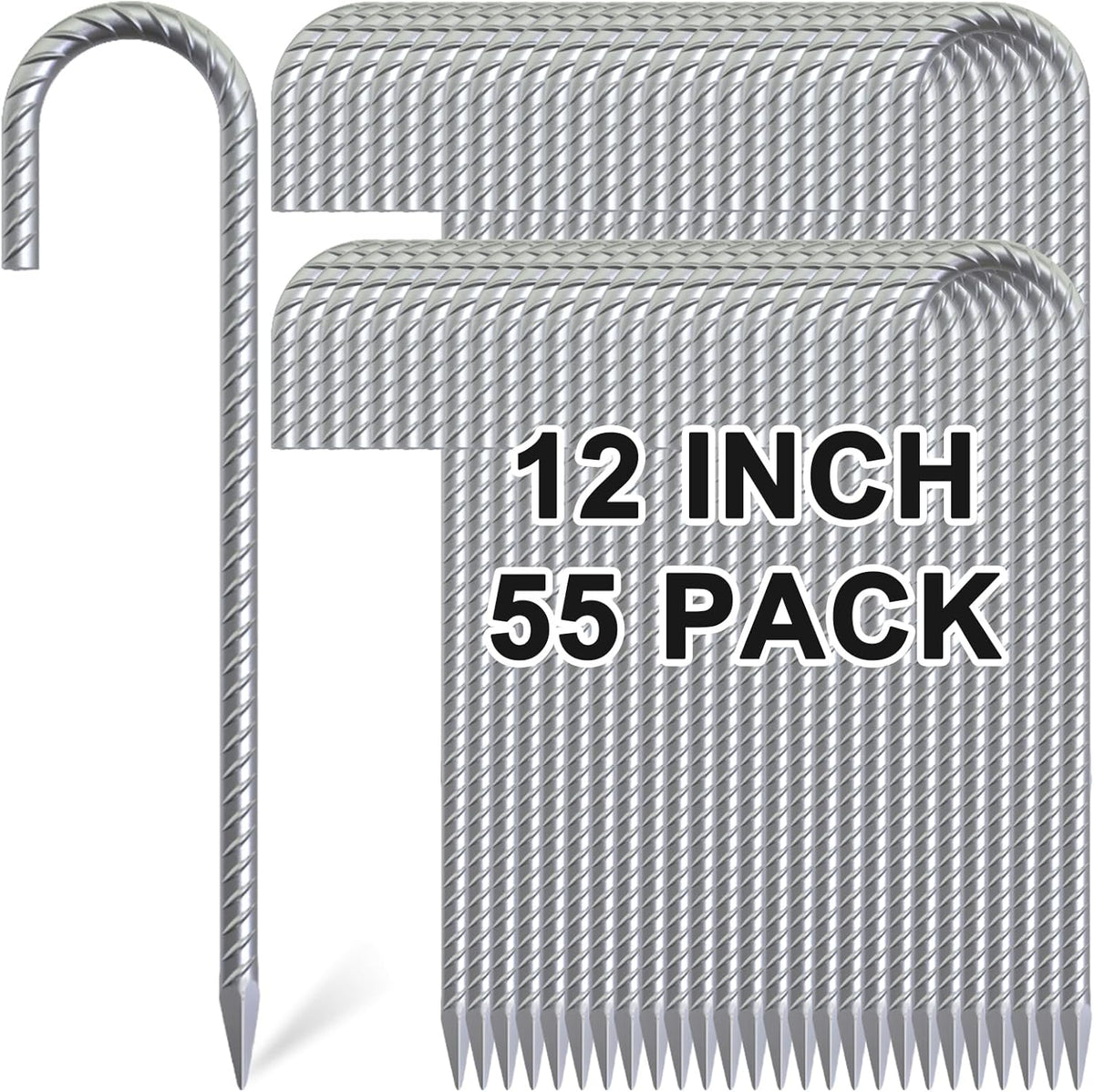 Rebar Stakes 12 Inch, 55 Pack Galvanized Metal Tent Stakes Heavy Duty Ground Stakes, J Hook Steel