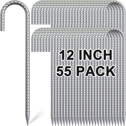 Rebar Stakes 12 Inch, 55 Pack Galvanized Metal Tent Stakes Heavy Duty Ground Stakes, J Hook Steel