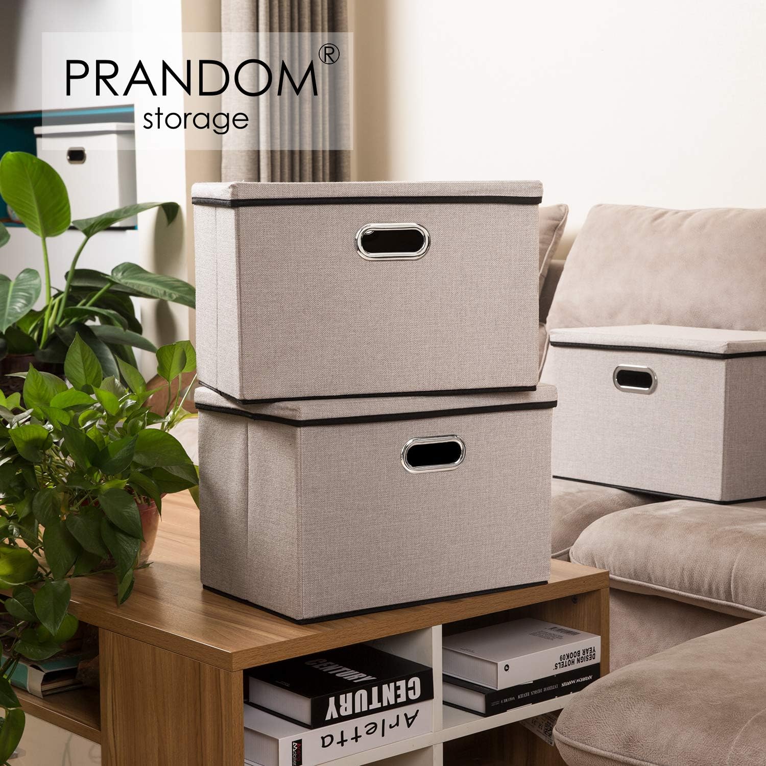 PRANDOM Large Foldable Storage Bins with Lids [3-Pack] linenFabric Decorative Storage Boxes