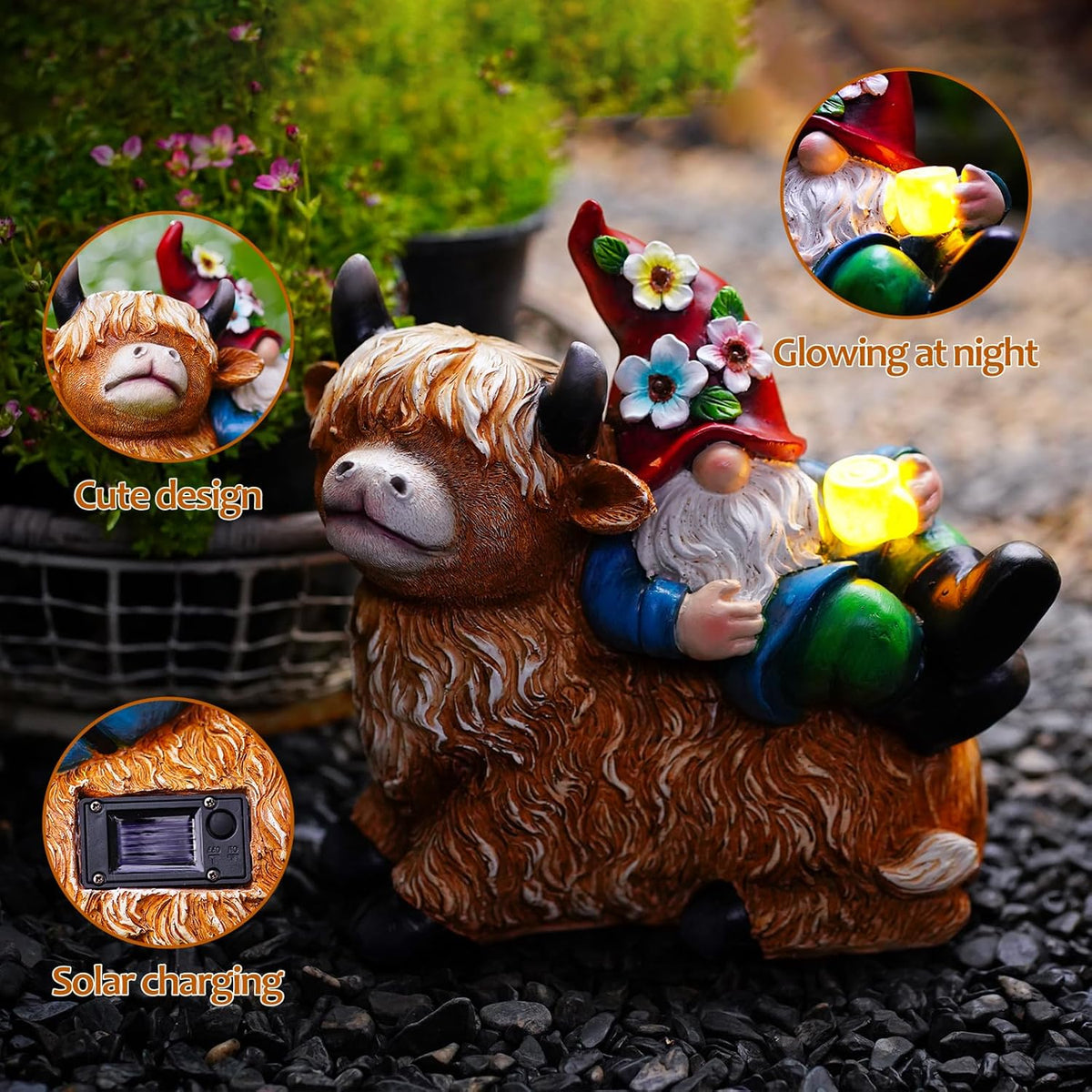 Garden Gnomes Decor Outdoor Statues Gnome on Highland Cow Hold Solar Cup Light Outdoor Decorations