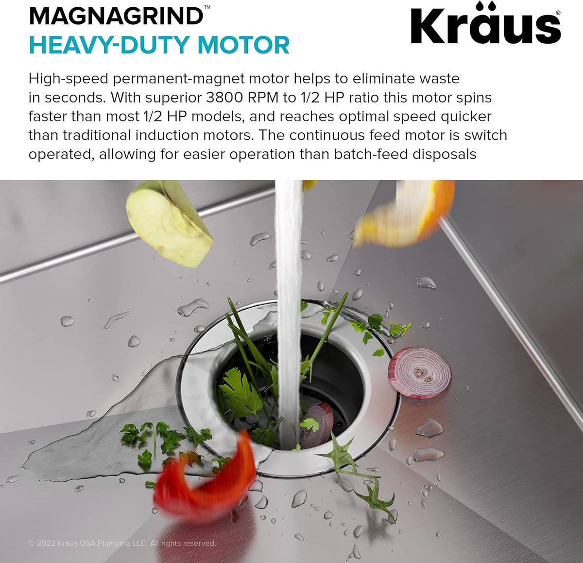 KRAUS WasteGuard 1/2 HP Continuous Feed Ultra-Quiet Motor Garbage Disposal with Quick Connect