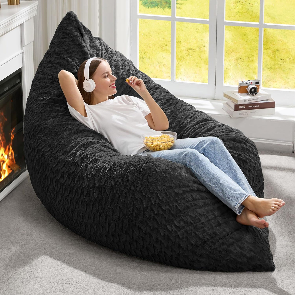 Hobestluk 3 in 1 Bean Bag Chair Giant Bean Bag Chairs for Adults with Chevron Plush Fur Cover