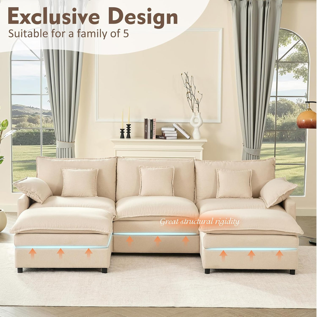 108" U Shaped Couch, Modular Sectional Sofa, 3-Seater Comfy Cloud Couch with Movable Ottoman, Deep