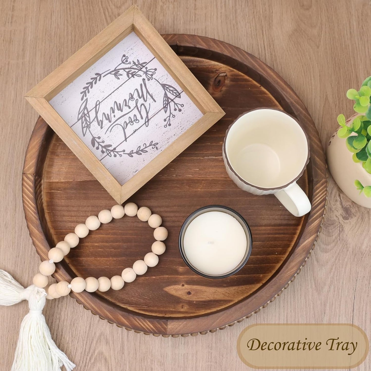 Round Burnt Wood Serving Tray with Beads, Wooden Decorative Tray for Entertaining, Decoration, and