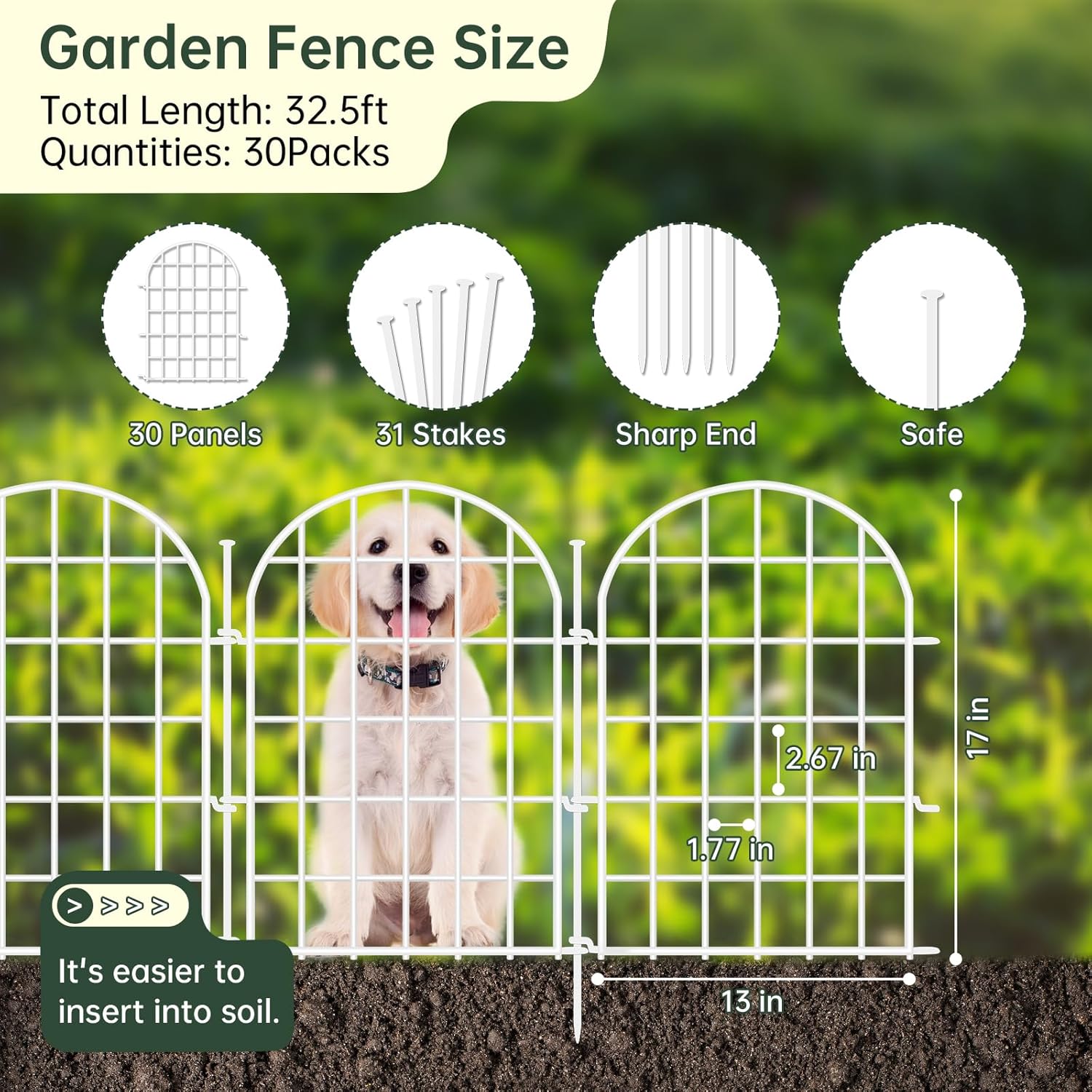 32.5ft(L) x 22in(H) Panels Garden Fence, 30 Panels Arched No Dig Fence, Decorative Animal Barrier
