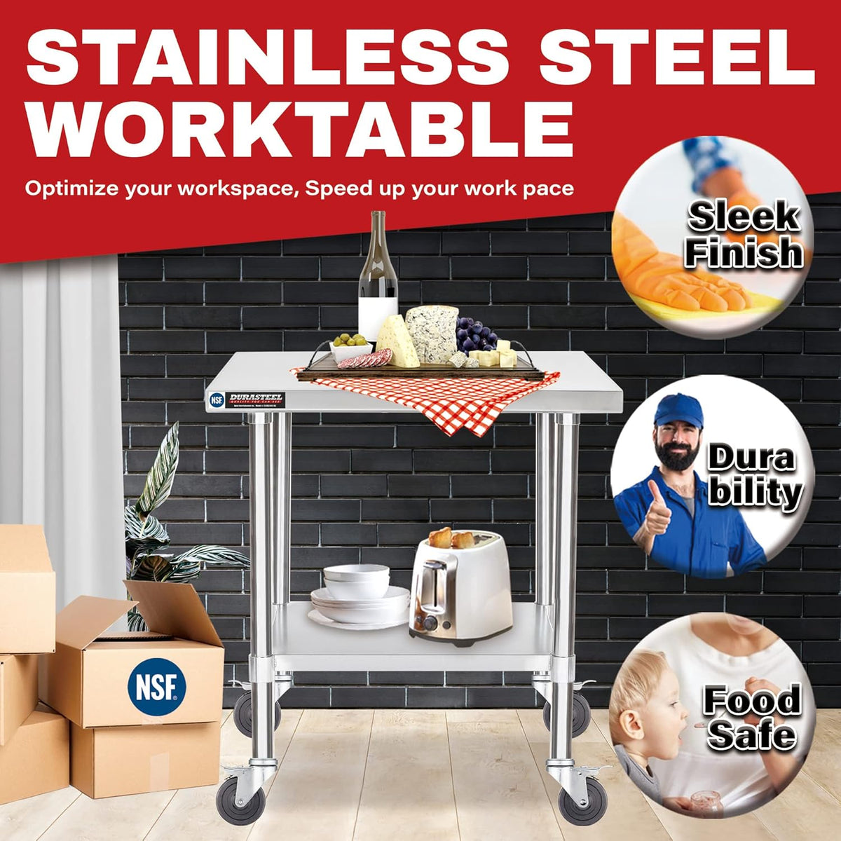 DuraSteel 30x18 NSF Stainless Steel Cart Work Table - Heavy Duty Rolling Food Prep Table - Metal