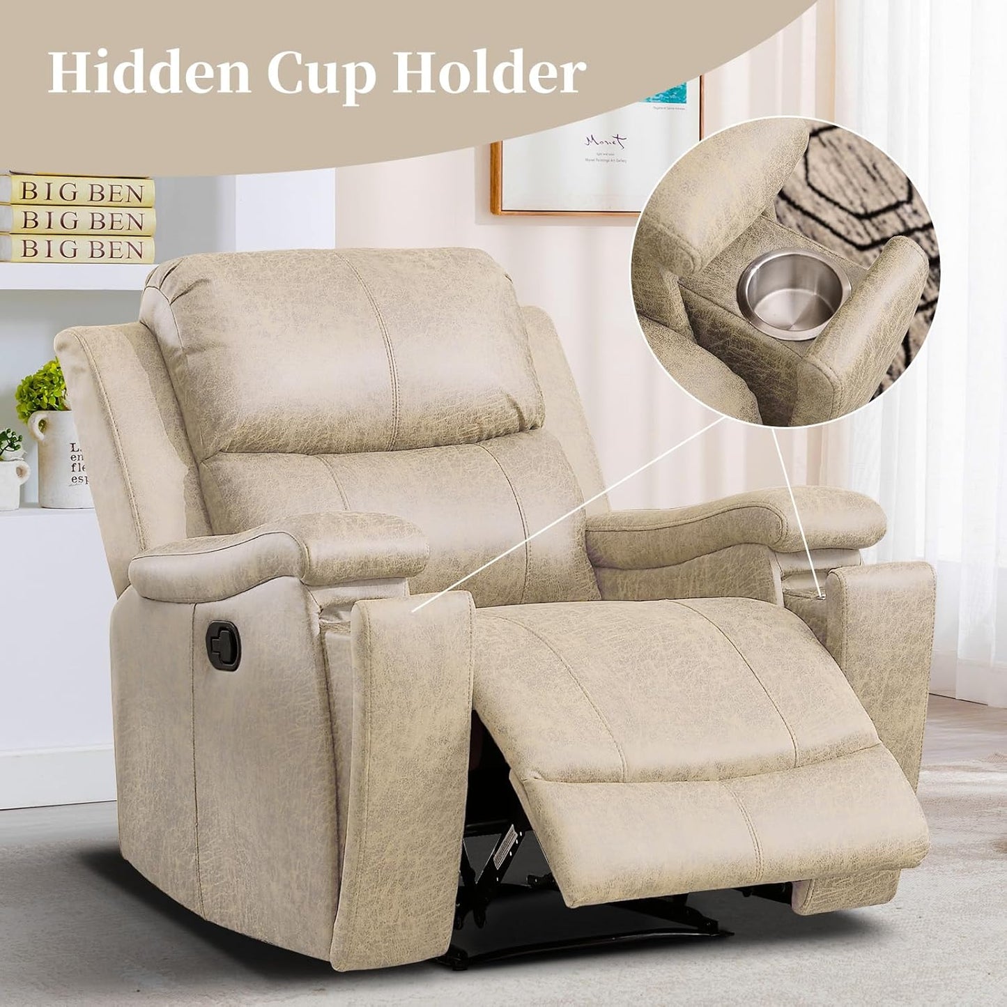 EBELLO Recliner Chair, Single Overstuffed Sofa Recliner, Breathable Faux Leather Manual Reclining