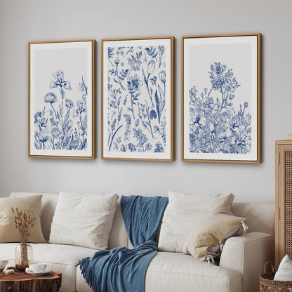 SIGNINART Classic Chinoiserie Framed Canvas Wall Art Set, Blue and White Floral Art Painting