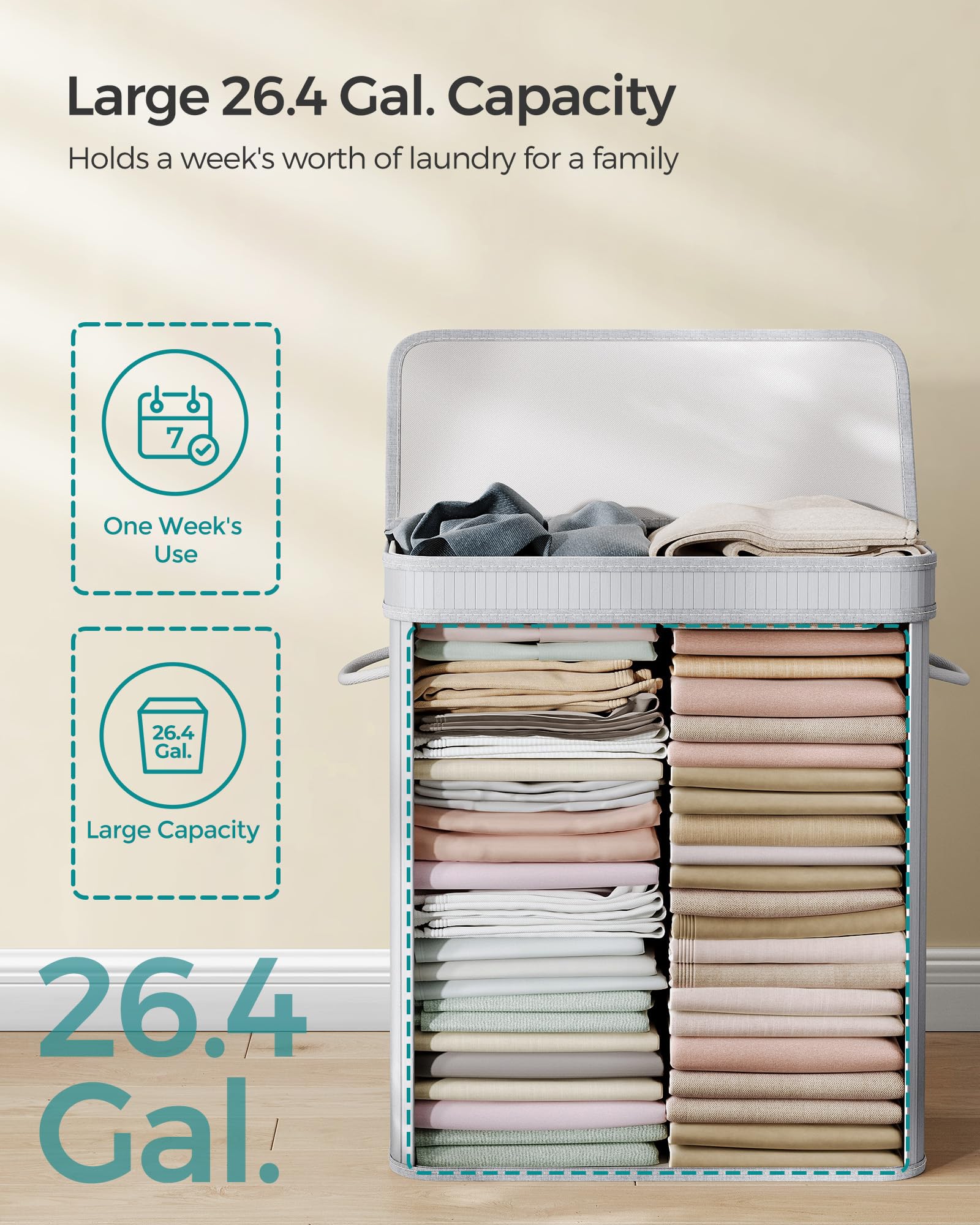 SONGMICS Laundry Hamper with Lid, Bamboo Laundry Basket, Removable Machine Washable Laundry Basket