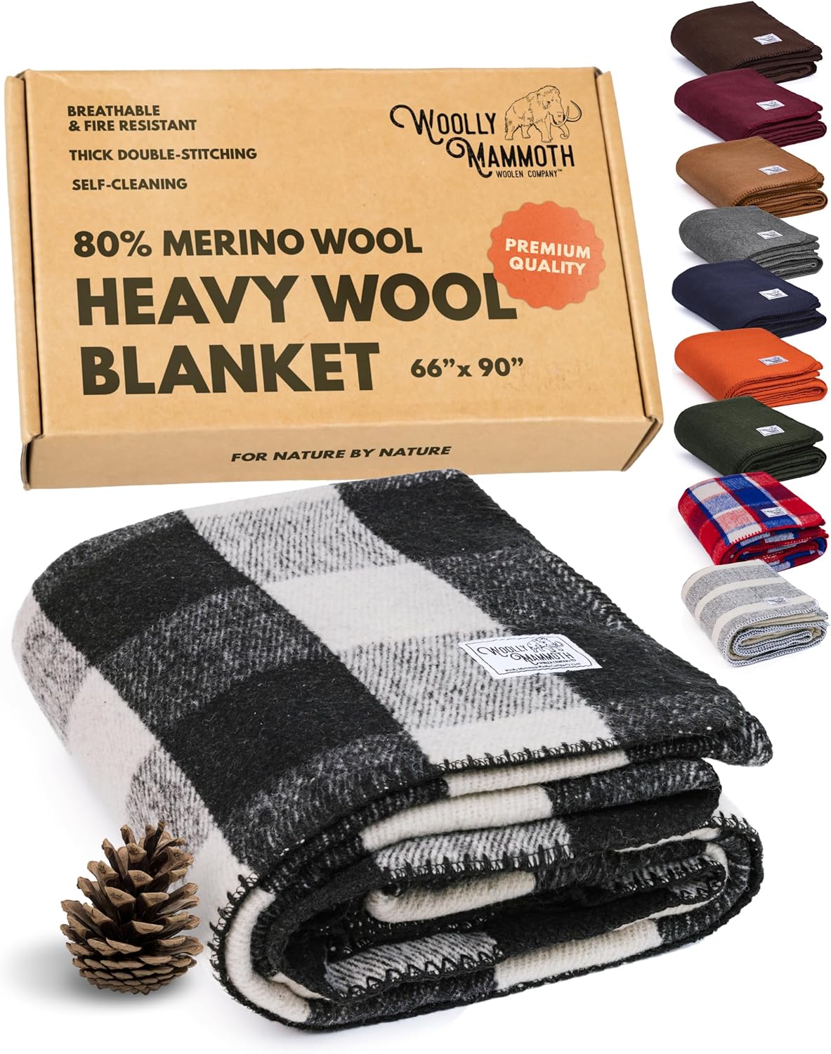 Woolly Mammoth Woolen Company Camping Wool Blanket - 66 in x 90 in Black & Cream Plaid