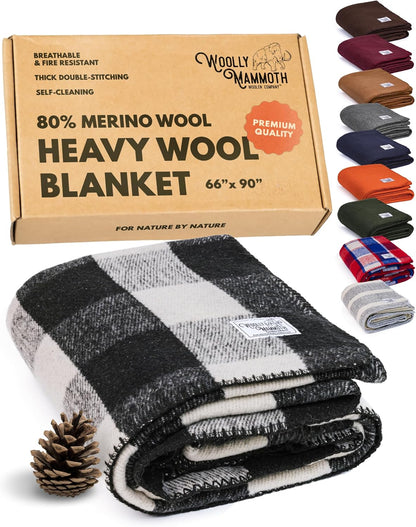 Woolly Mammoth Woolen Company Camping Wool Blanket - 66 in x 90 in Black & Cream Plaid