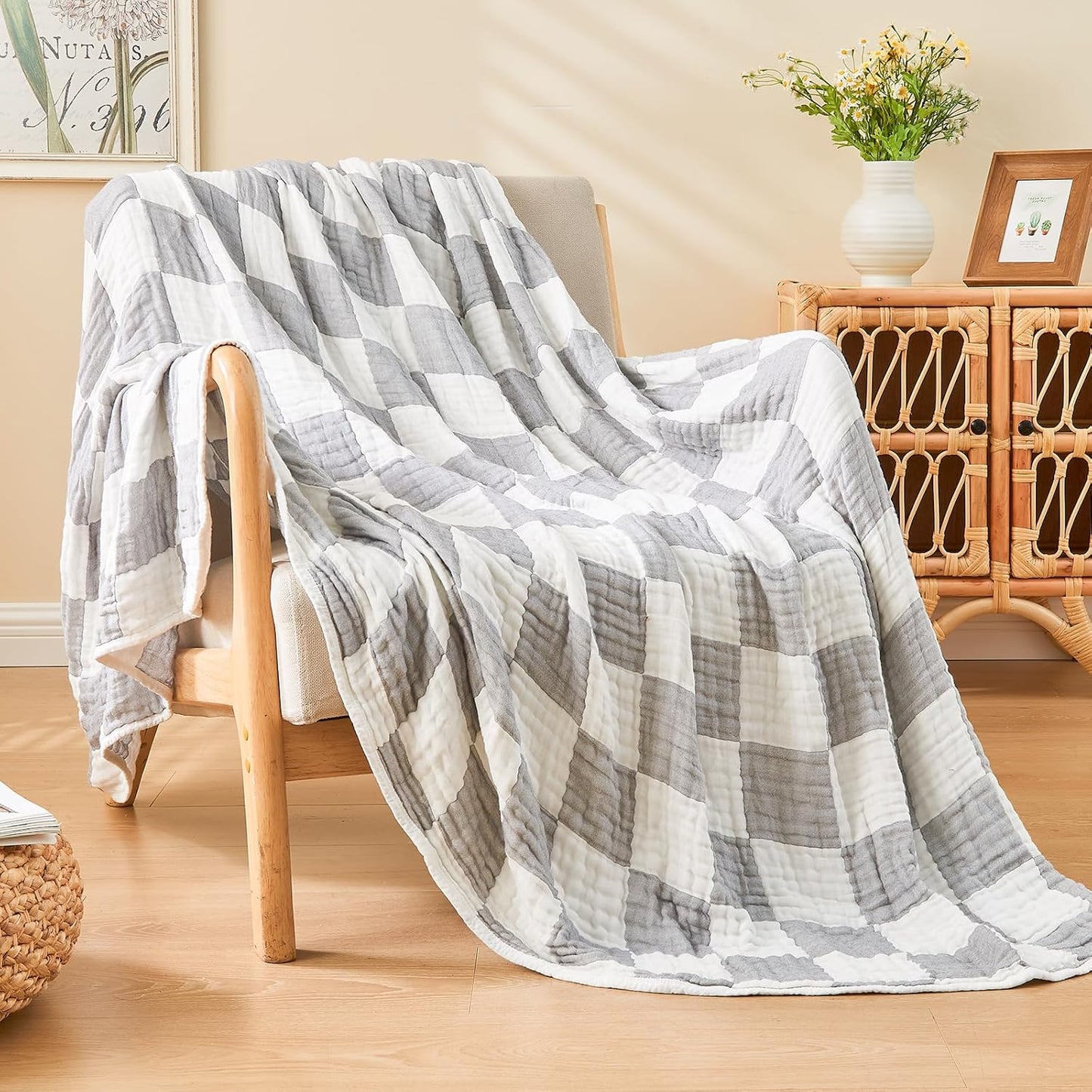 EMME Checkered Throw Blanket Cotton for Couch Soft Muslin Blankets 50"x60" Lightweight Breathable