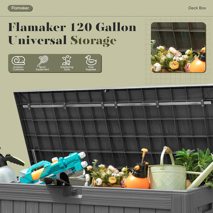 Flamaker Resin Deck Box 120 Gallon Waterproof Large Outdoor Indoor Storage Box Imitation Wood Resin