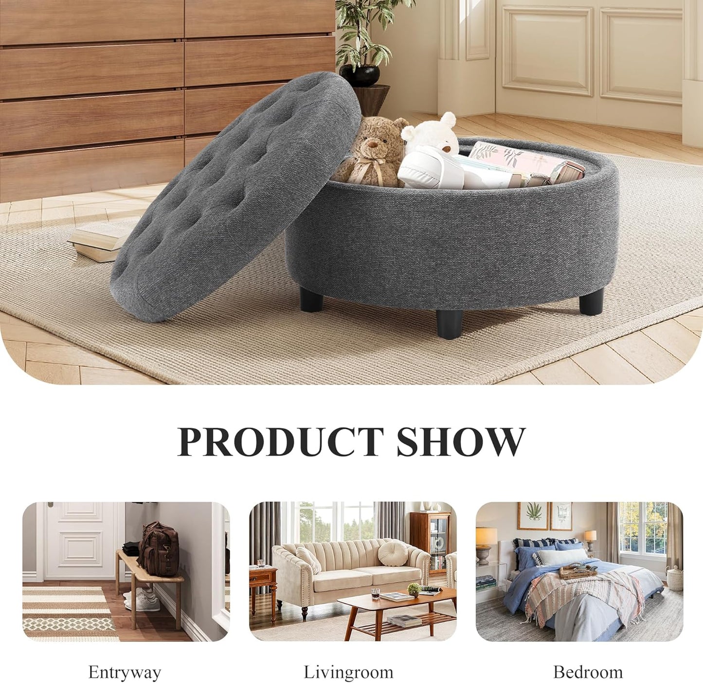 COLAMY Fabric Round Storage Ottoman with Reversible Tray Lid – Multi-Functional Footrest, Hidden