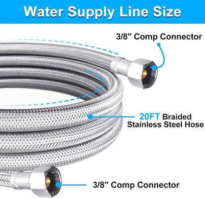 Dishwasher Installation Kit - 20 FT Premium Stainless Steel Braided Dishwasher Hose kit,Food Grade