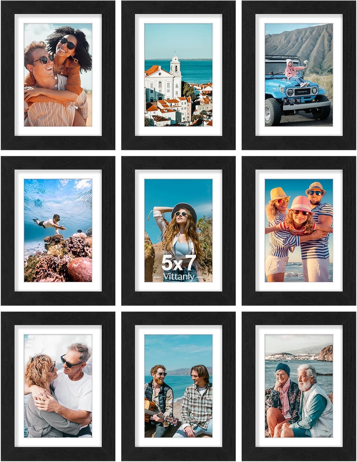 Vittanly 5x7 Picture Frames Set of 9, Shatter Resistant Plexiglass, Display 4x6 Pictures with Mat