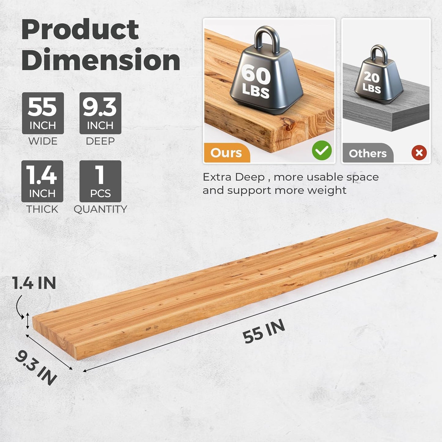 RICHFOCUS Live Edge Elm Floating Shelves - 55" W x 9.3" D Rustic Solid Wood Wall Shelves with