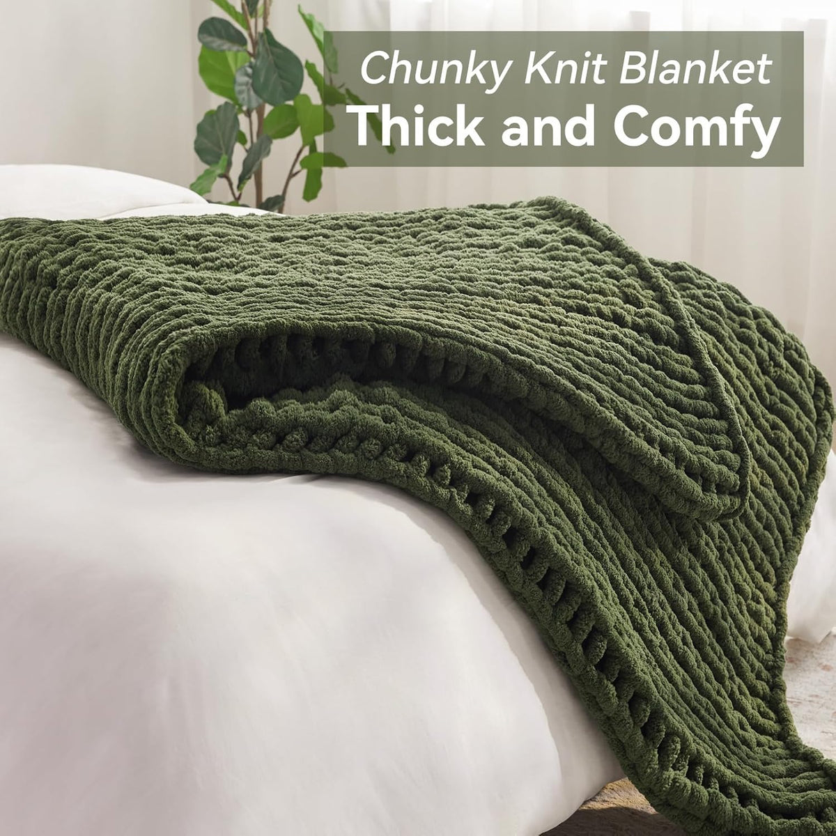 Chunky Knit Throw Blanket, 50''*60'' Knitted Throw Chenille Yarn for Bed Couch, Handmade Green