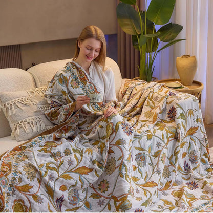 Fall Throw Blanket for Couch, Brown Boho Decorative Throw Blanket, 100% Cotton Muslin Breathable