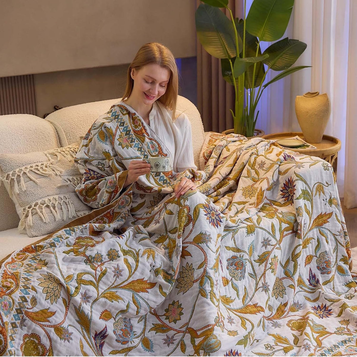 Fall Throw Blanket for Couch, Brown Boho Decorative Throw Blanket, 100% Cotton Muslin Breathable