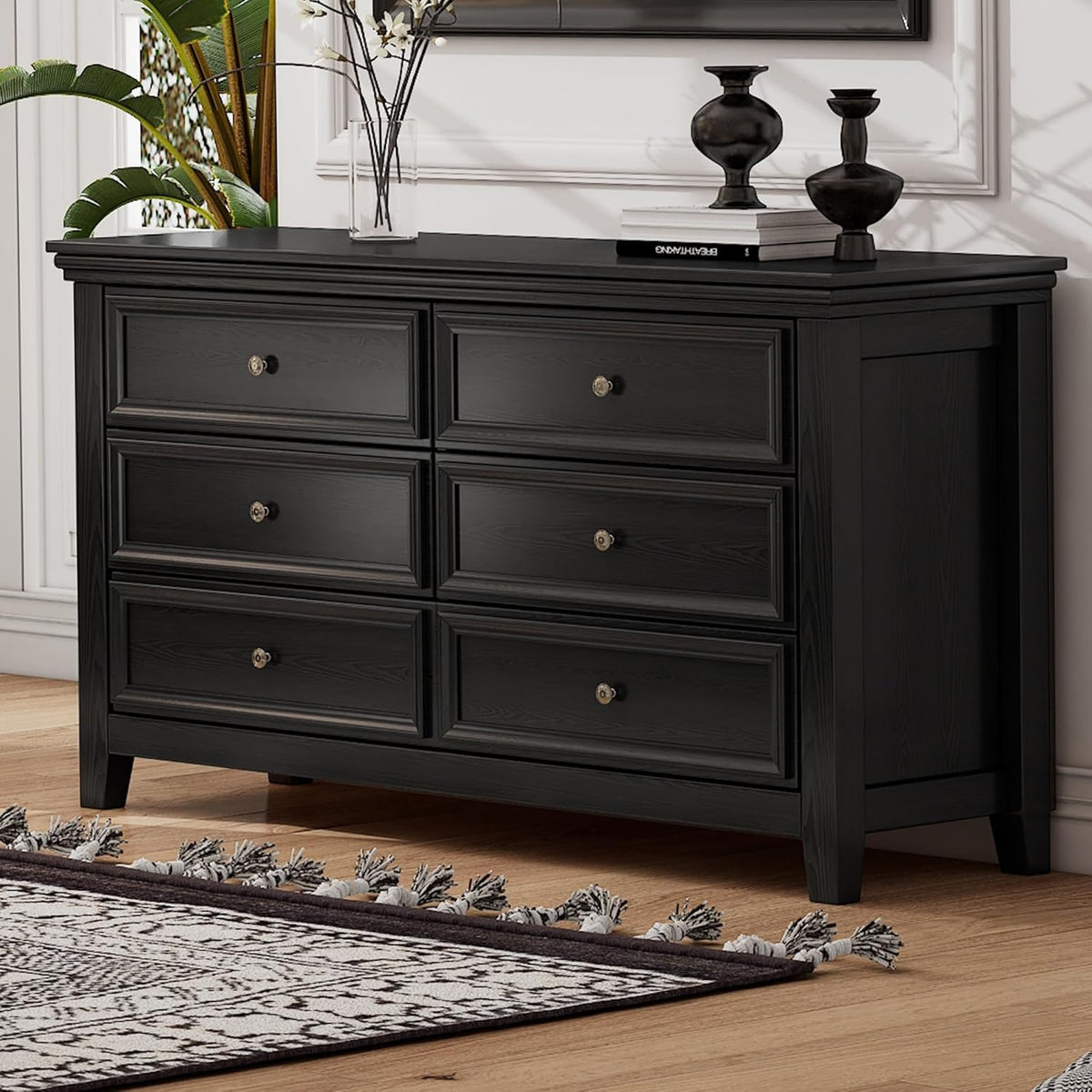 BLANKSPACE Black 6 Drawer Dresser, Modern Dresser for Bedroom, Wood Drawer Organizer with Metal