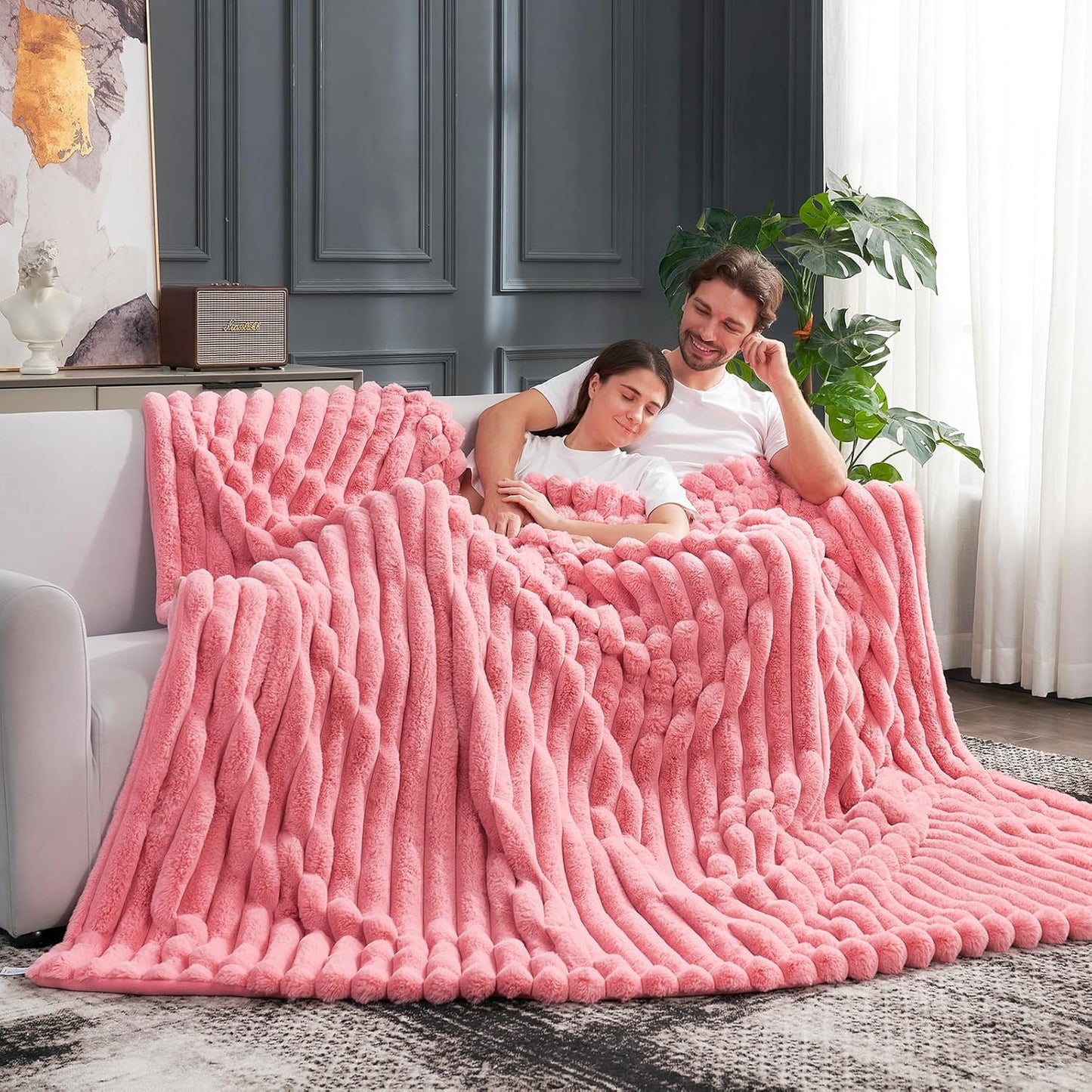 Cozy Bliss Faux Fur Throw Blanket for Couch, Cozy Warm Plush Striped Blanket for Sofa Bedroom