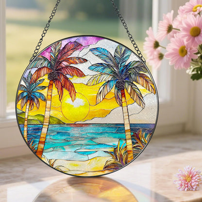 Stained Glass Window Hanging, 8 Inch Beach Sunset Stained Glass Suncatcher, Window Hanging Decor