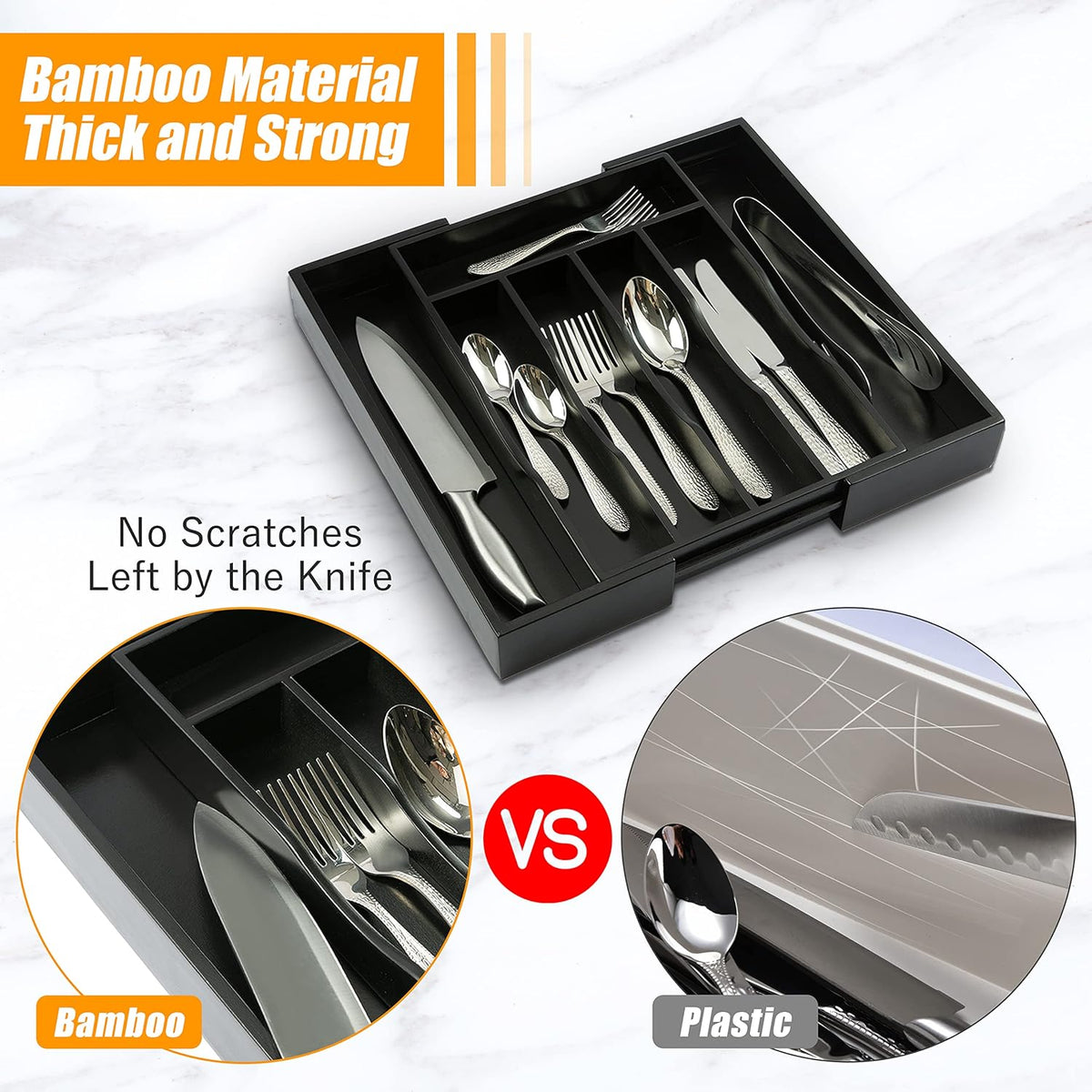 Bellsal Black Silverware Organizer Kitchen Drawer Organizer Expandable Bamboo Utensil Holder
