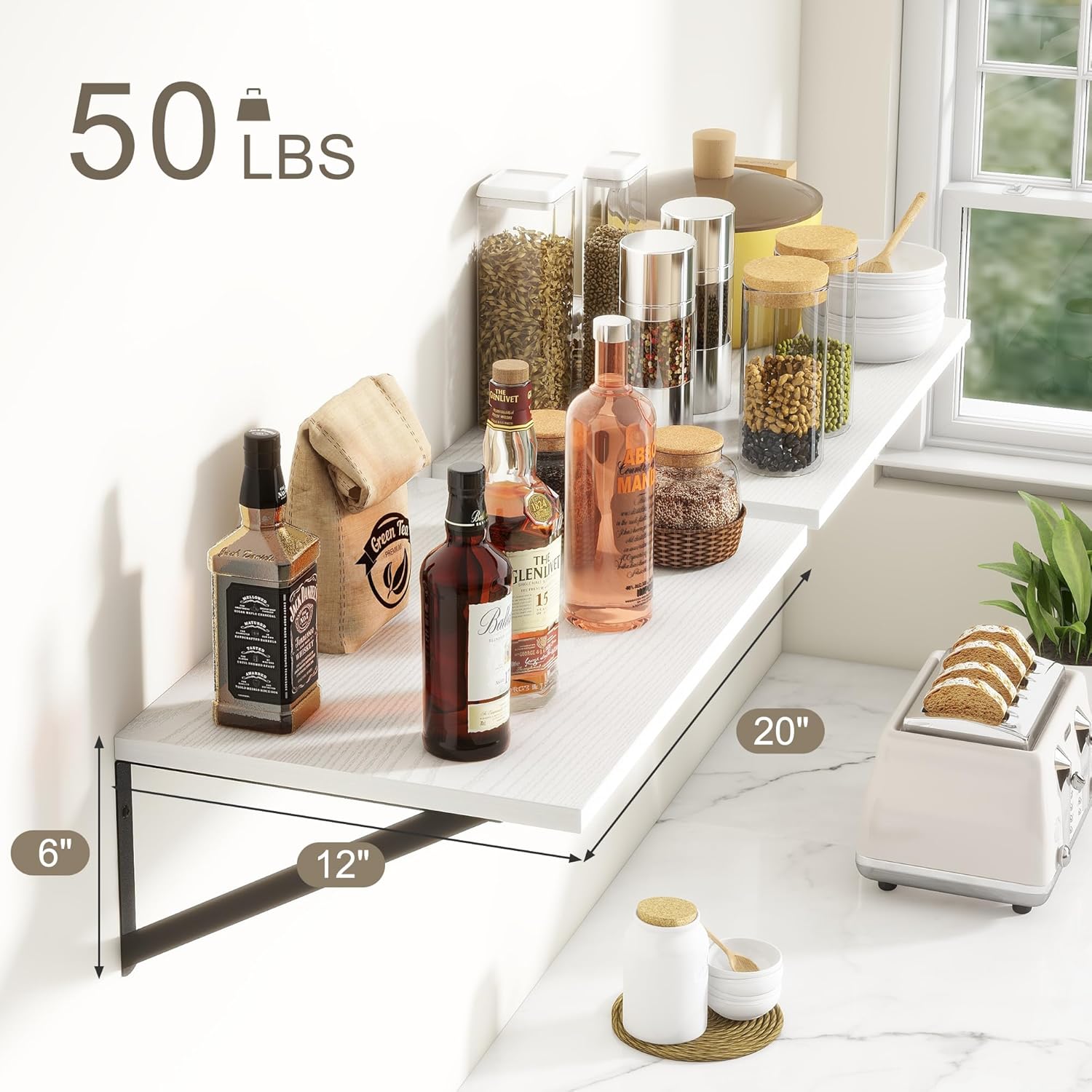 Fun Memories 20 Inch Floating Shelves for Wall, White Bathroom Shelves Set of 2, 12 Inch Deep Wall