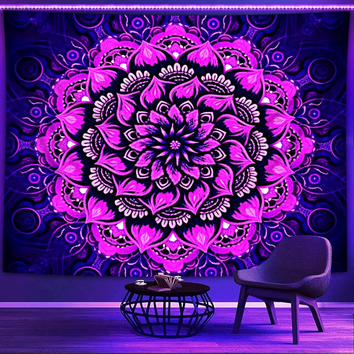 Psyhilar Blacklight Mandala Tapestry Wall Hanging, Psychedelic Flower Black Light Posters for
