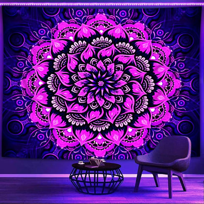 Psyhilar Blacklight Mandala Tapestry Wall Hanging, Psychedelic Flower Black Light Posters for