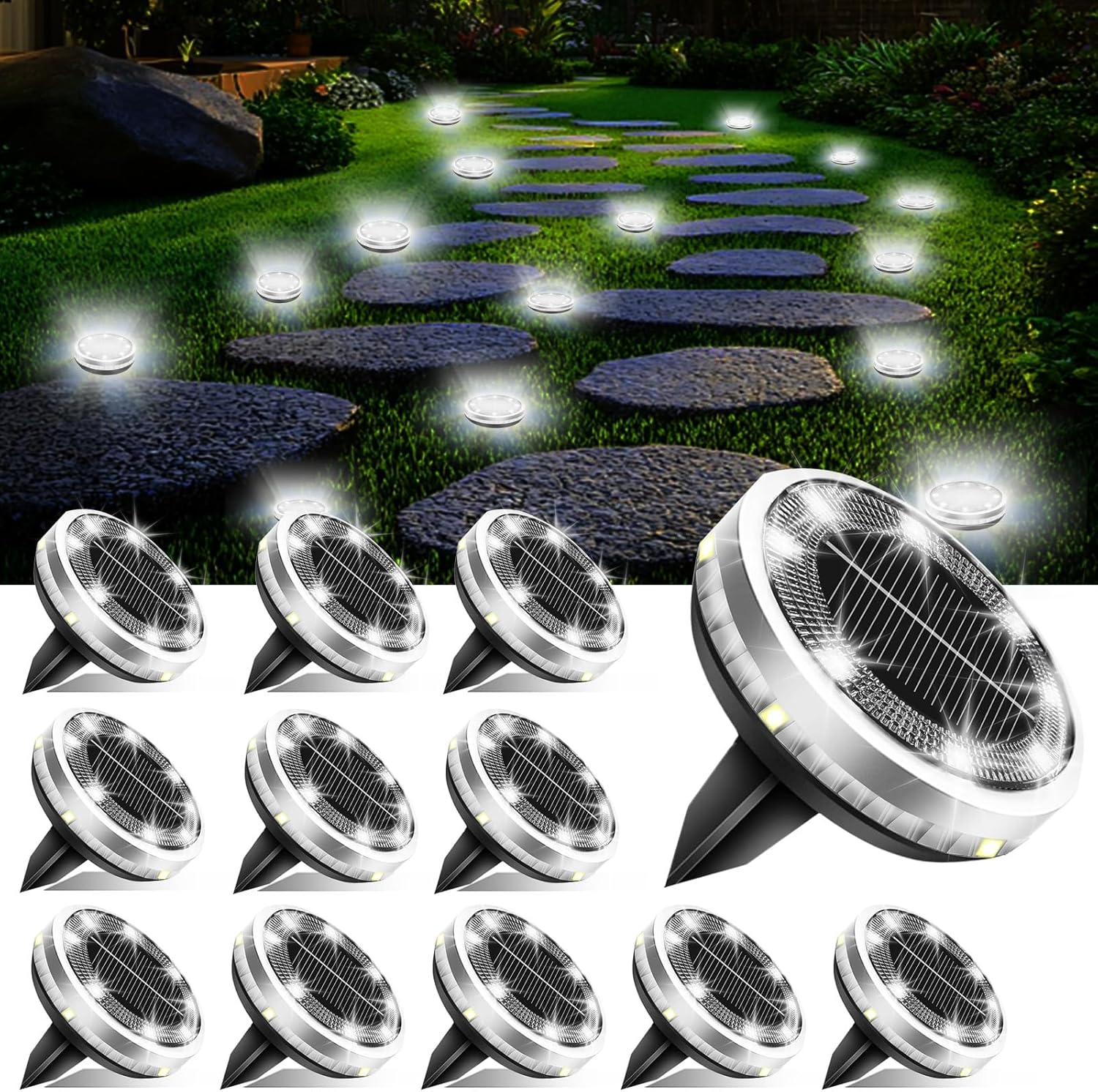 Solar Ground Lights Outdoor 12 Pack Waterproof Upgraded Flat Solar Garden Lights with 4 Side Light