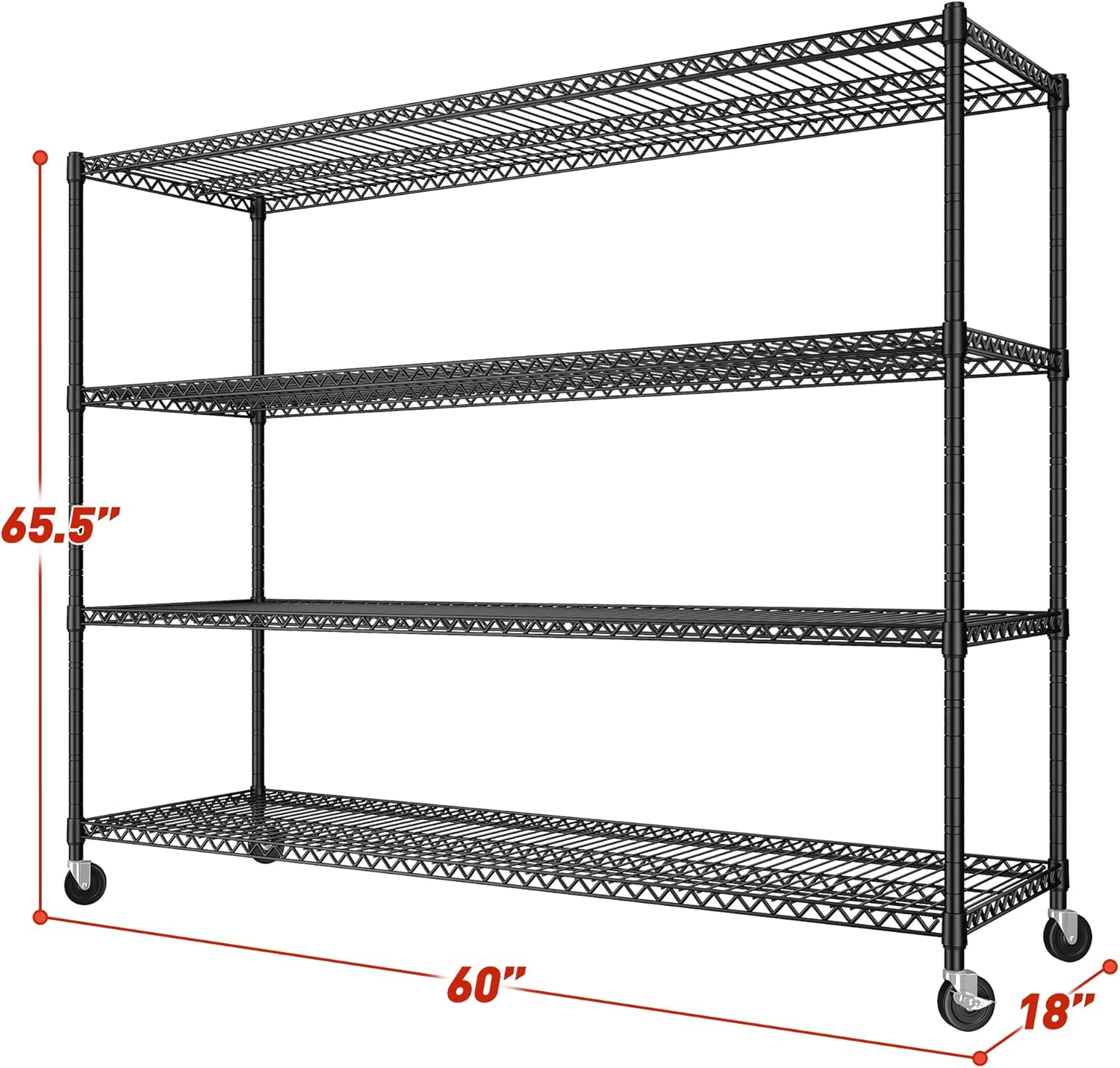 REIBII 60''W Storage Shelves 2399LBS Garage Shelving Heavy Duty with Wheels & Feet, 4 Tier Wire