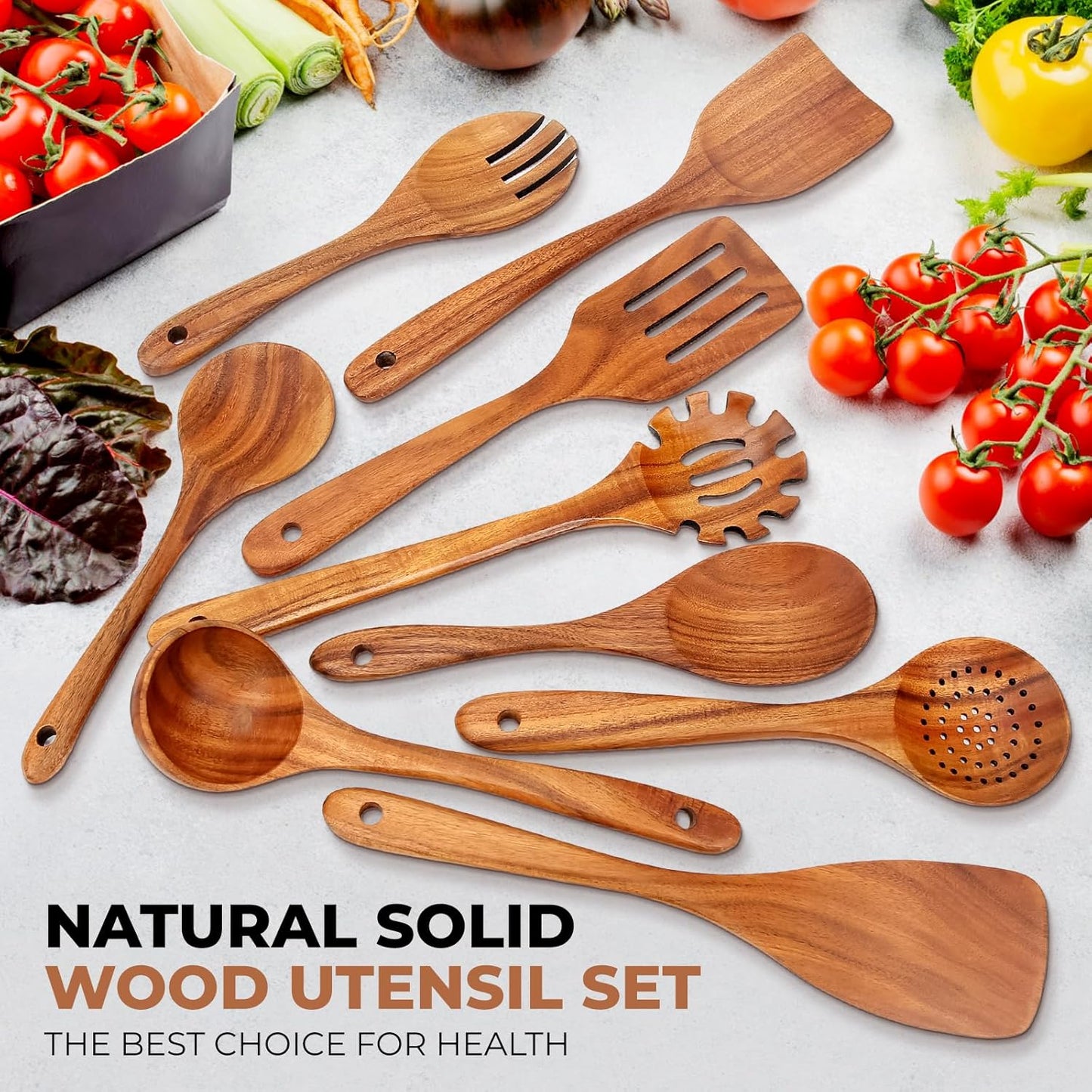 SPATUAMZ Wooden Kitchen Utensils Set, Smooth Finished Wooden Spoons for Cooking, Natural Teak