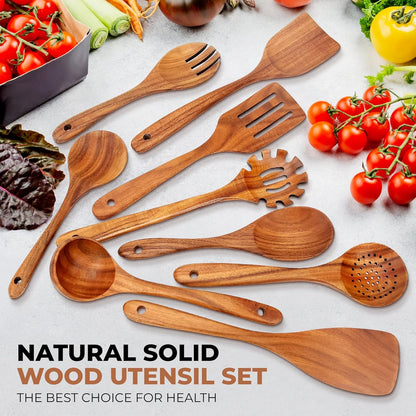 SPATUAMZ Wooden Kitchen Utensils Set, Smooth Finished Wooden Spoons for Cooking, Natural Teak