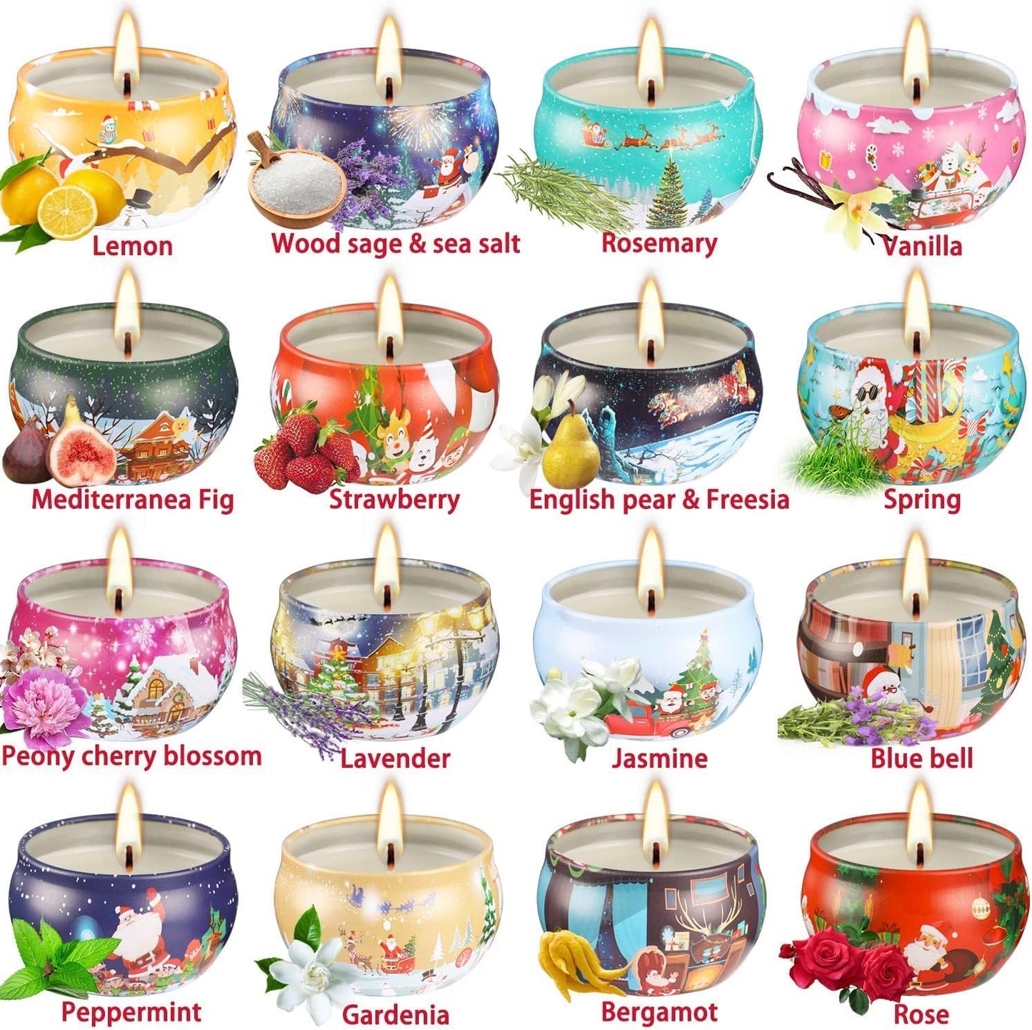 16pcs Christmas Scented Candles Set, 2.5oz Aromatherapy Candles Gift for Women, 16 Fragrances Soy