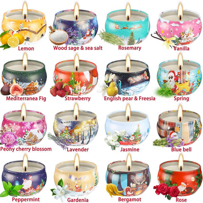 16pcs Christmas Scented Candles Set, 2.5oz Aromatherapy Candles Gift for Women, 16 Fragrances Soy
