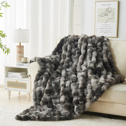 Lotus Karen Faux Fur Blanket Tie-Dye Dark Gray Twin Size - Big Bubble Rabbit Fluff Throw for Couch