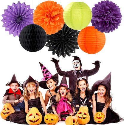Black-Orange Purple Green Halloween Party-Decorations - 14pc Kit Paper Lanterns Fan,Tissue Flower