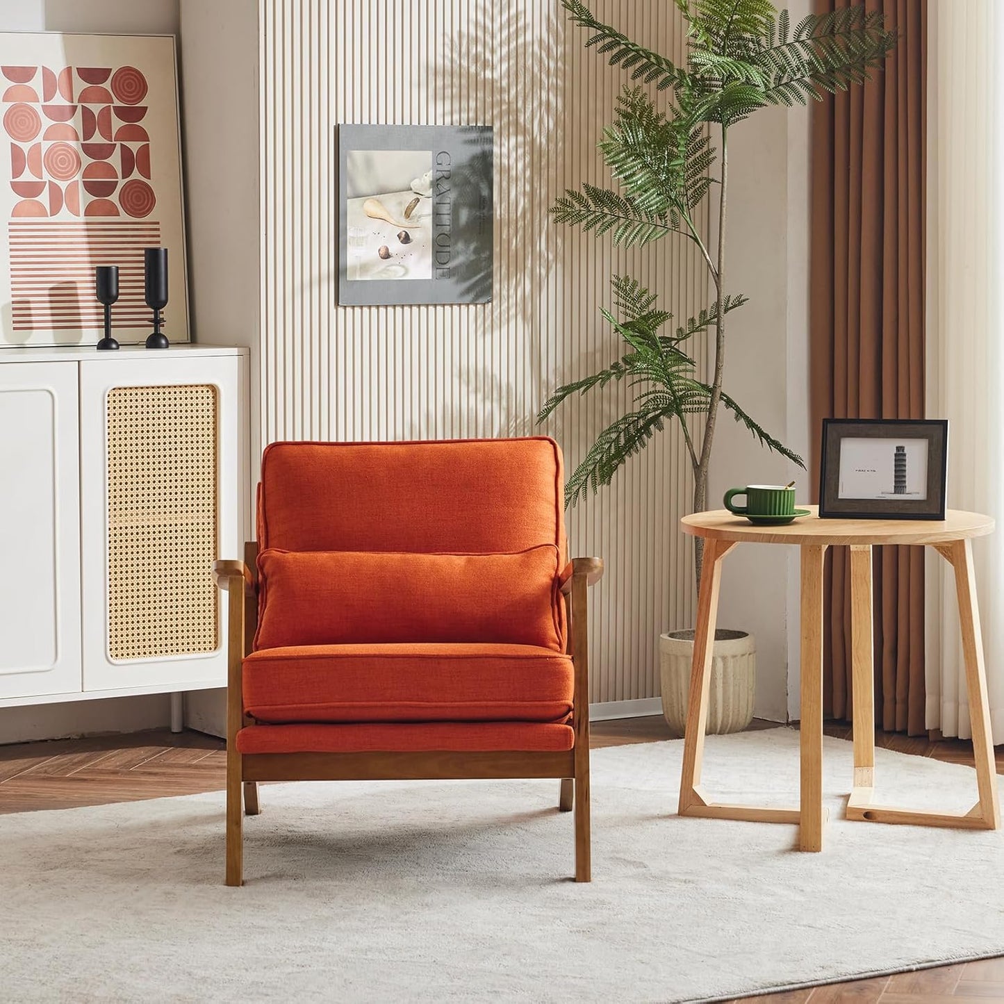 Karl home Accent Chair Wide Armrest Mid-Century Lounge Chair Linen Fabric Armchair with Lumbar
