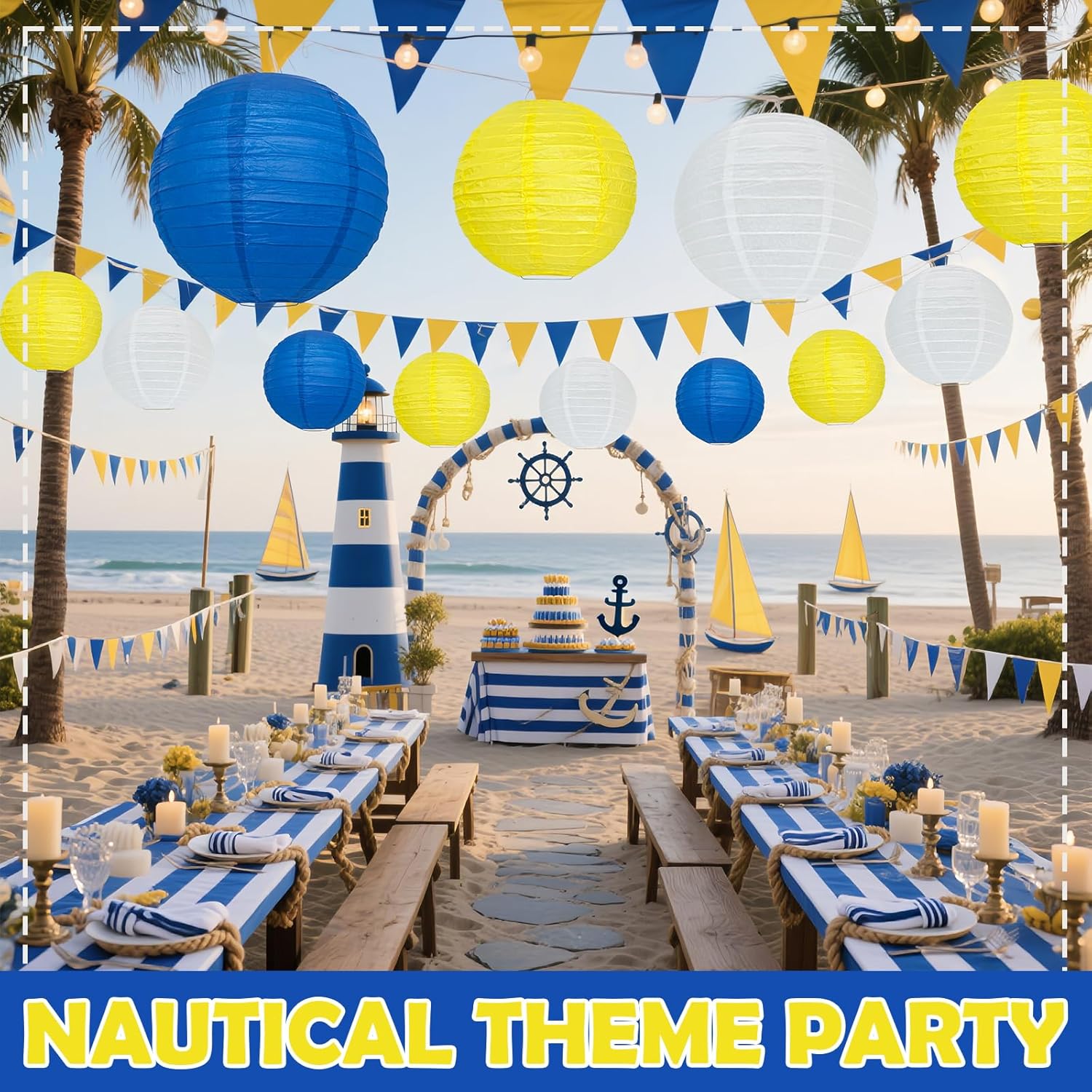 12Pcs Blue and Yellow Party Decorations Hanging Round Paper Lanterns Assorted Sizes (8" 10" 12")