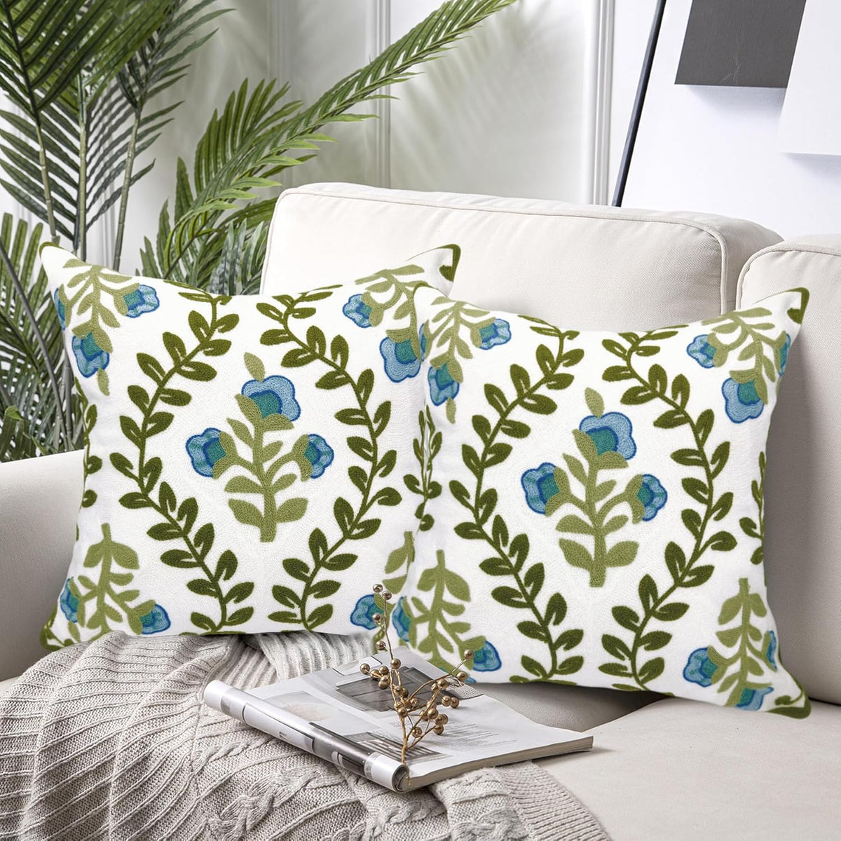 Alysheer Floral Embroidered Summer Decorative Throw Pillow Covers 18"x 18" Set of 2, Farmhouse Blue