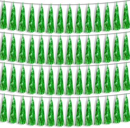 4P Green Foil Fringe Metallic Streamers Banner Tassel Garland for Parade Floats, Bachelorette