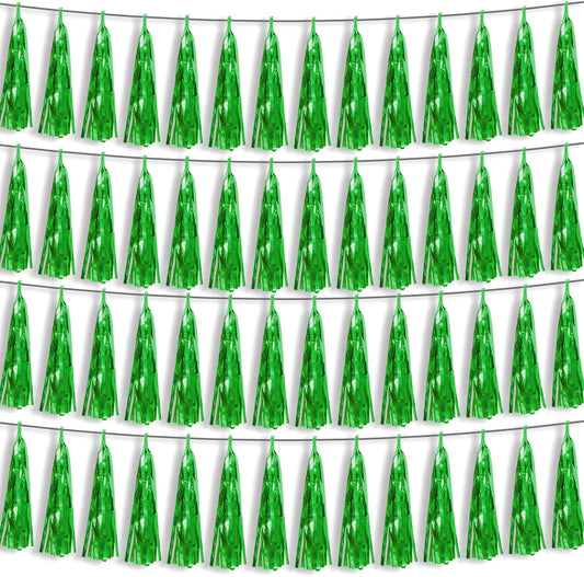 4P Green Foil Fringe Metallic Streamers Banner Tassel Garland for Parade Floats, Bachelorette