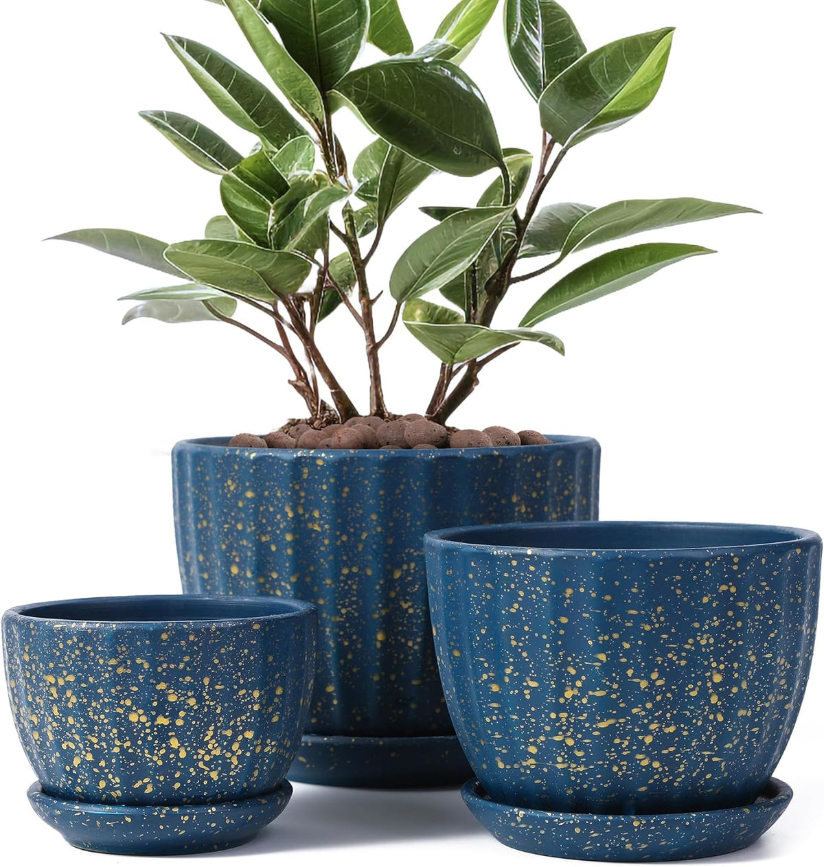 Ceramic Plant Pots with Drainage Holes and Saucers, Round Blue Flower Pots for Indoor Plant