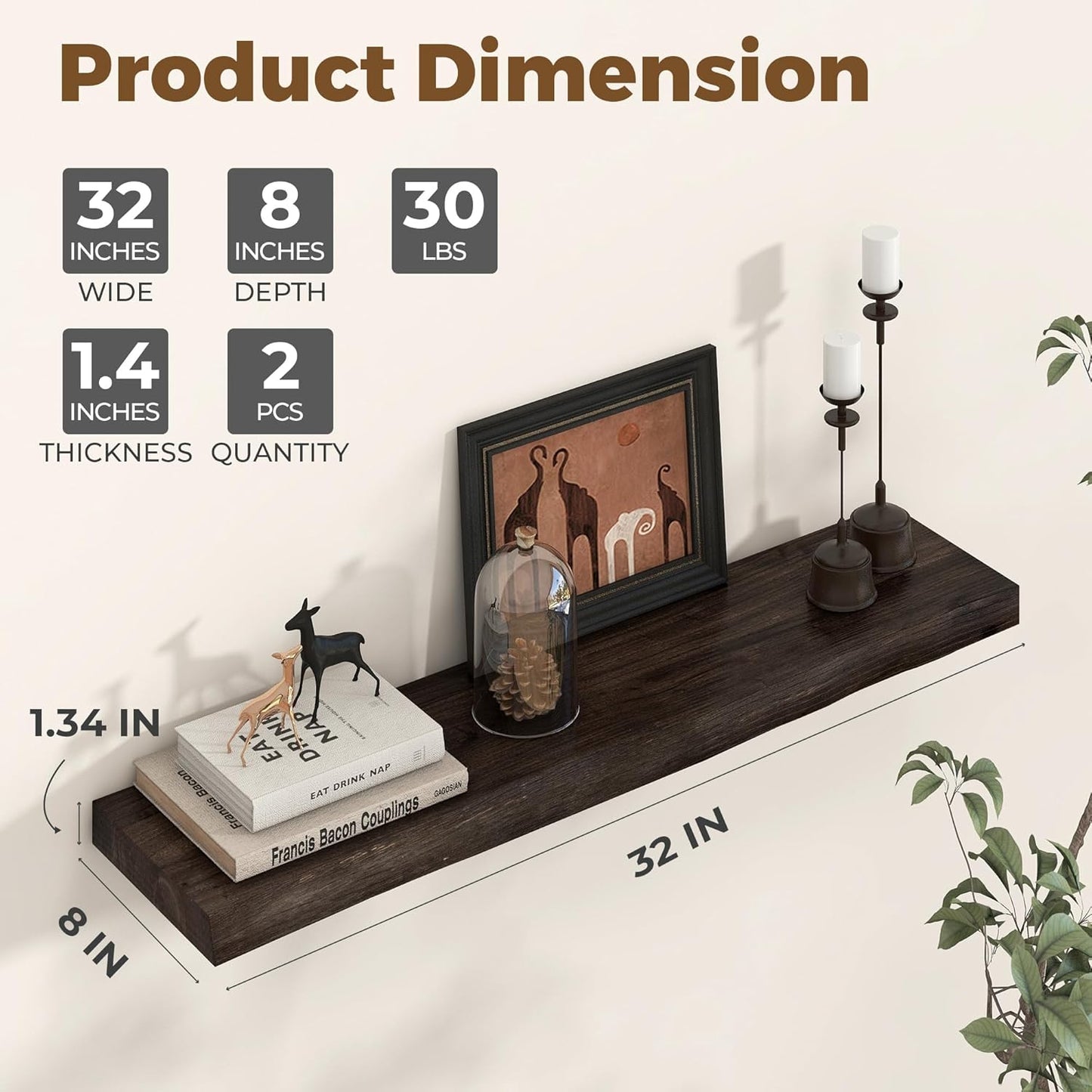 Axeman 32 inch Floating Shelves for Wall - 8'' D Live Edge Rustic Solid Elm Wood Floating Shelves