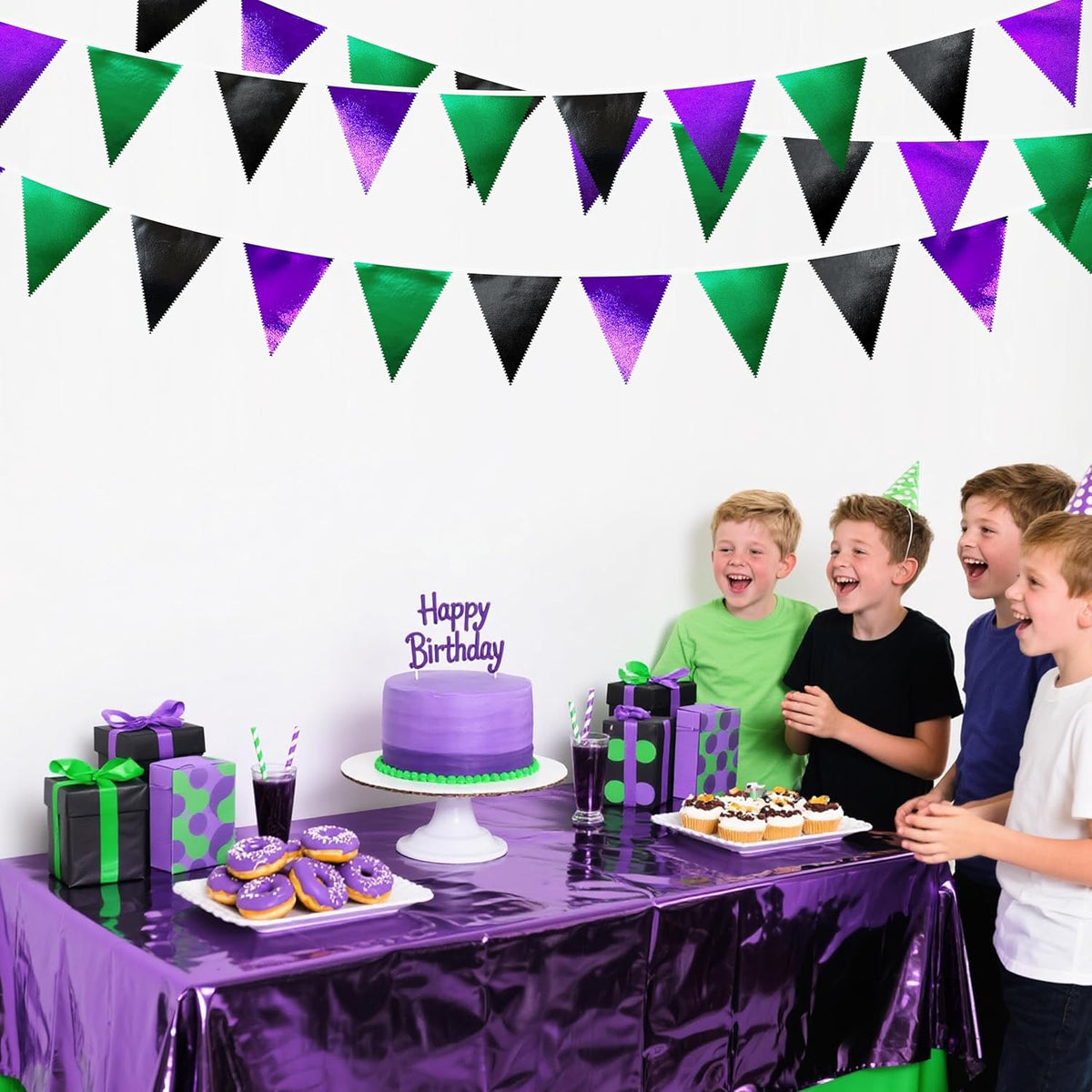 Black Purple Green Party Decorations Metallic Fabric Triangle Pennant Banner Flag Bunting for Boys