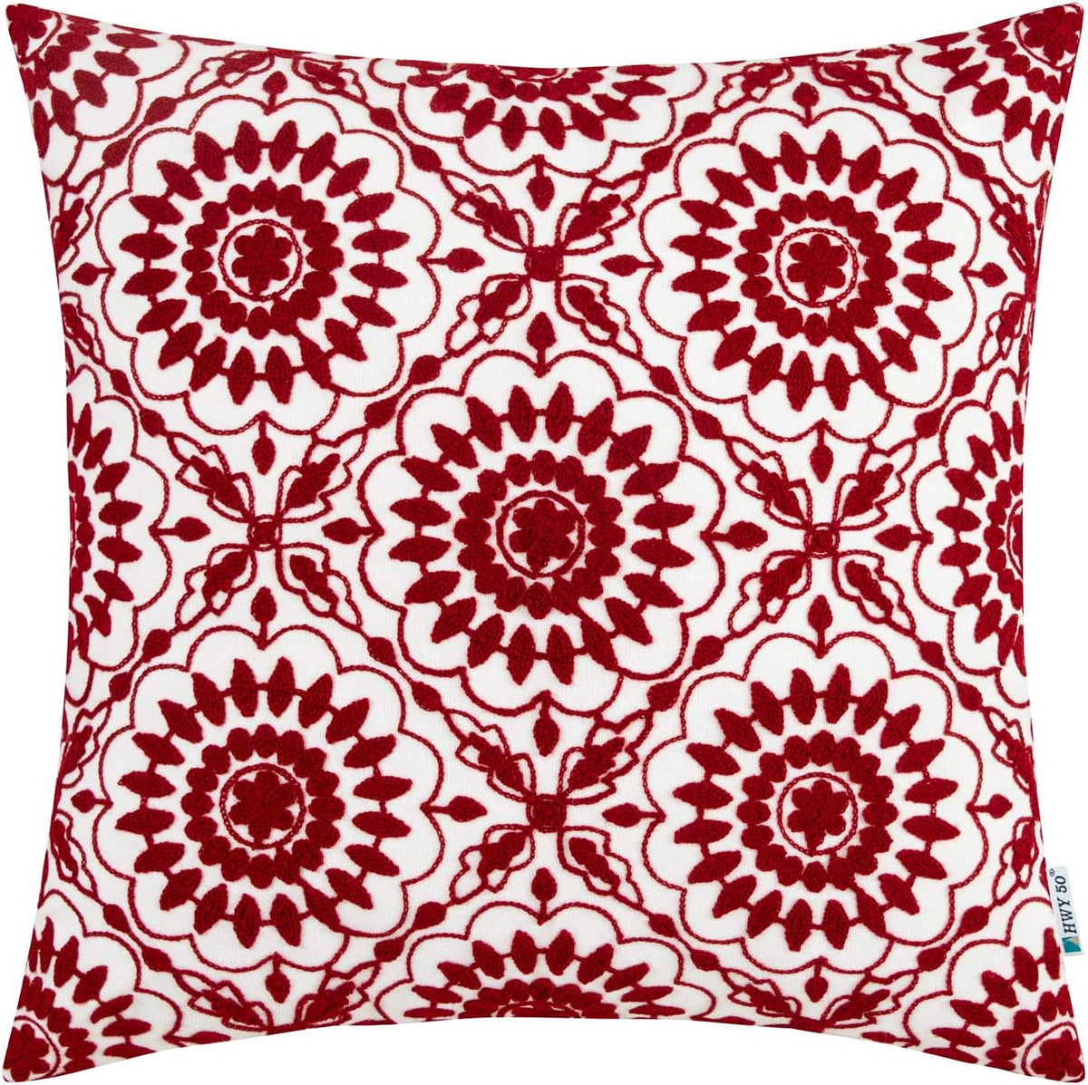 HWY 50 Red Decorative Throw Pillow Covers 18x18 Inch (1 Piece), Embroidered Cotton Farmhouse