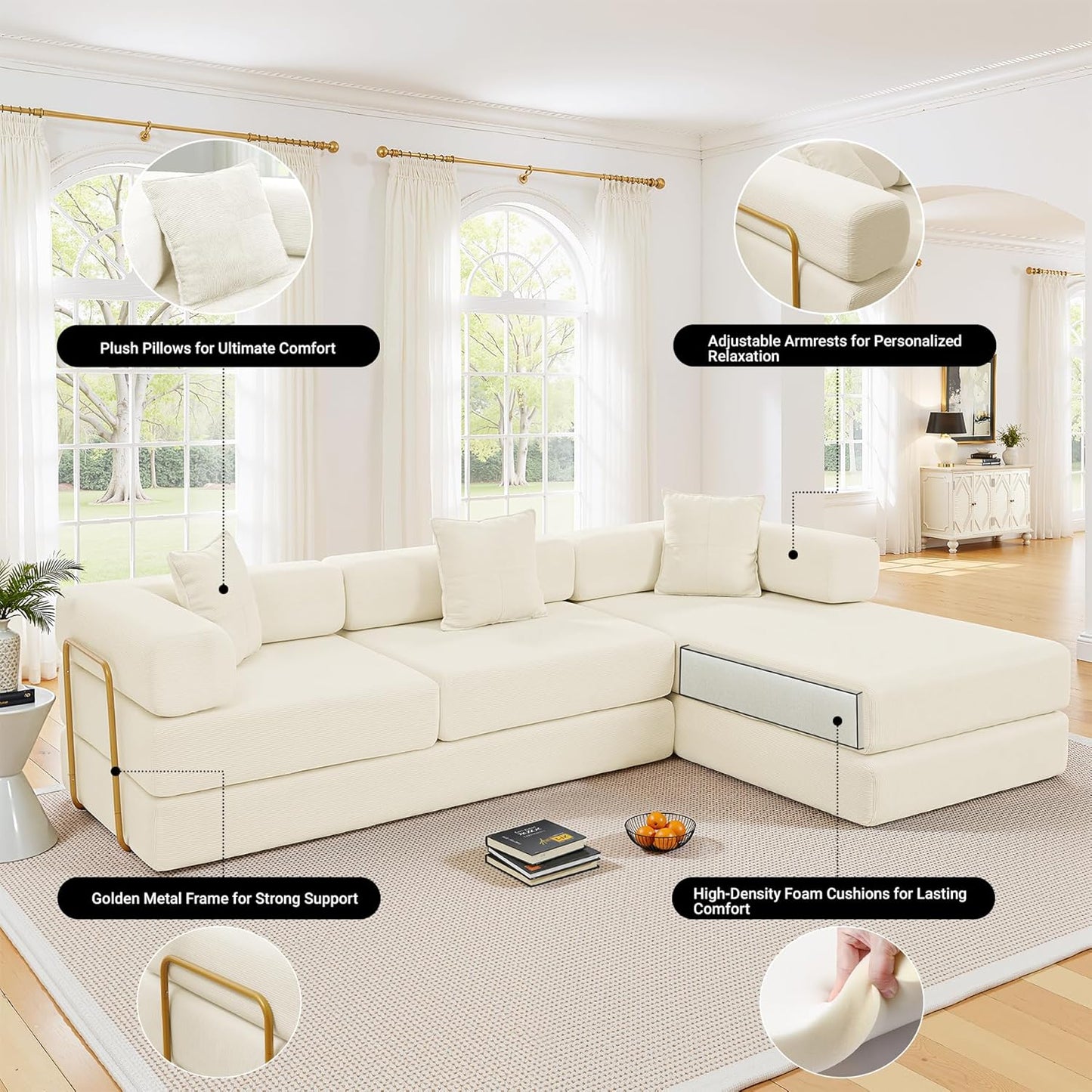 108" Oversized Convertible Sleeper Sofa Bed, Corduroy L Shape Sectional Couch, Folding Sofa Bed