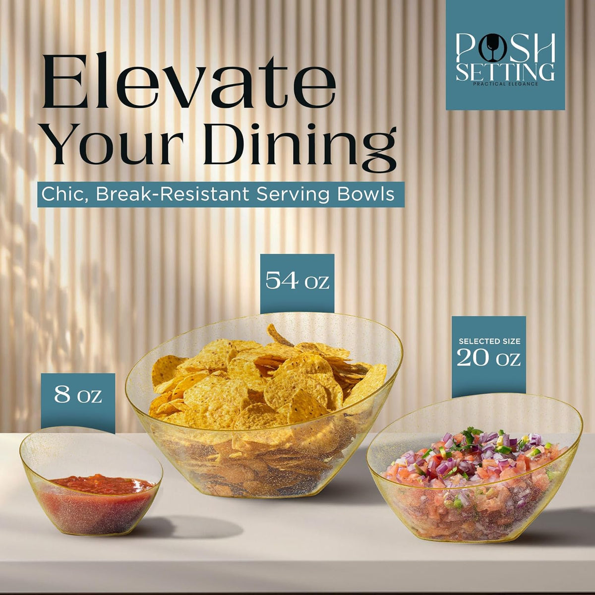 Posh Setting Gold Plastic Serving Bowls - Angled, Disposable for Chips, Candy, Salad, Fruit